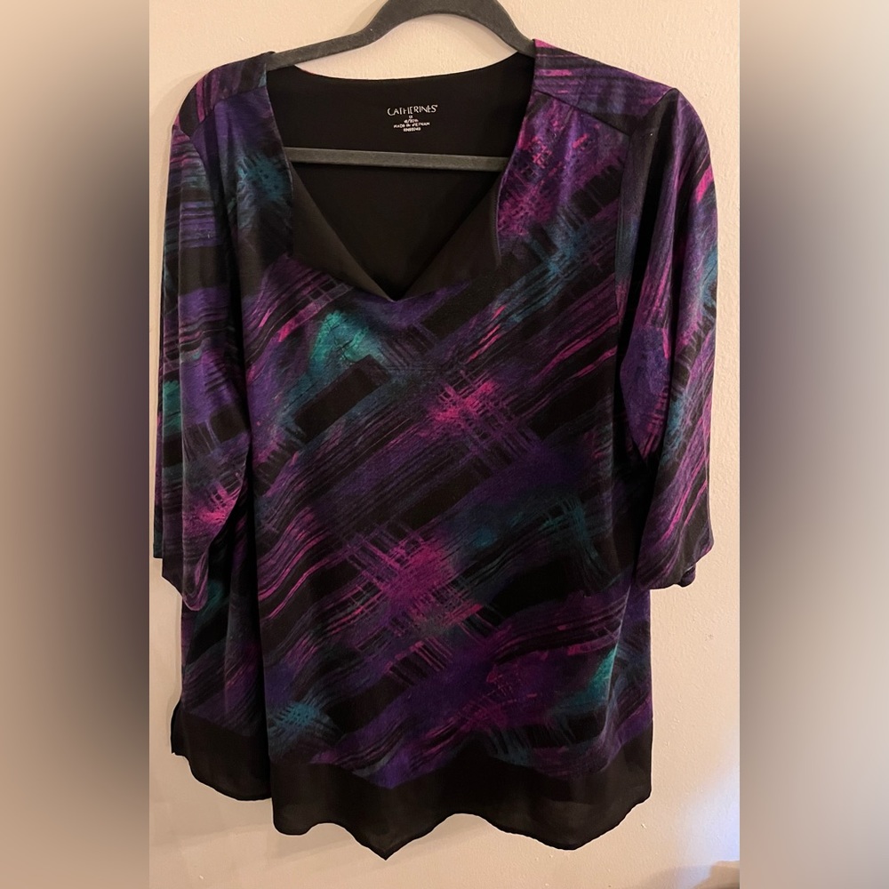 Catherine's V-Neck Abstract Print Women's Top in Purple Teal